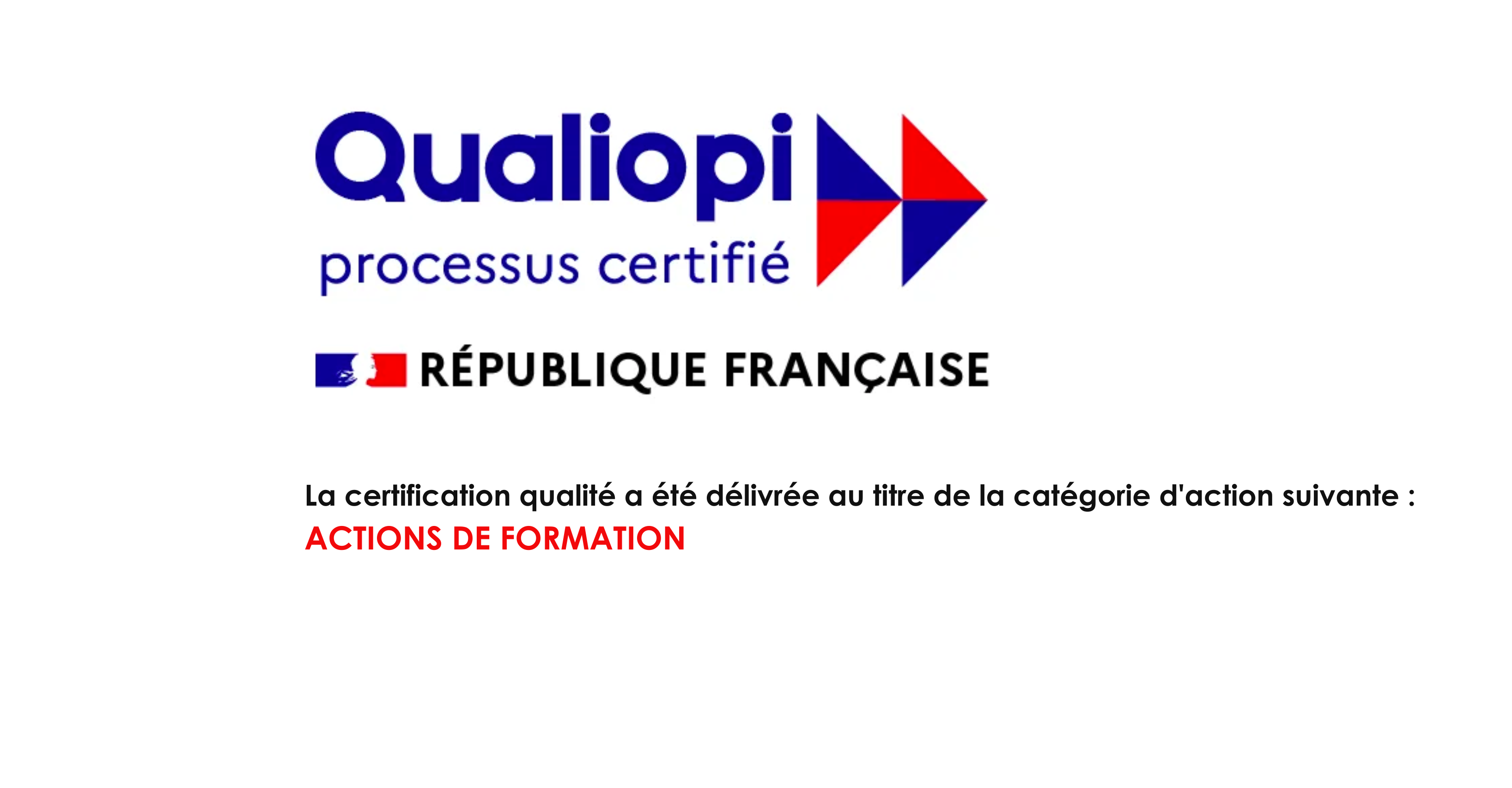 Qualiopi, processus certifié, République française. Certification qualité délivrée au titre de la catégorie d'action suivante : actions de formation.